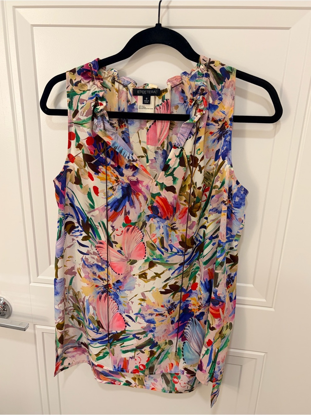 ETCETERA 100% Silk Butterfly Watercolor Floral Ruffle Sleeveless Blouse - Size 8